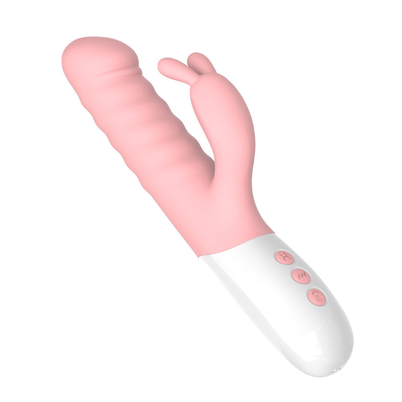 Rechargeable Triple Actions Soft Silicone Telescopic Rabbit Vibrator Sex Thrusting